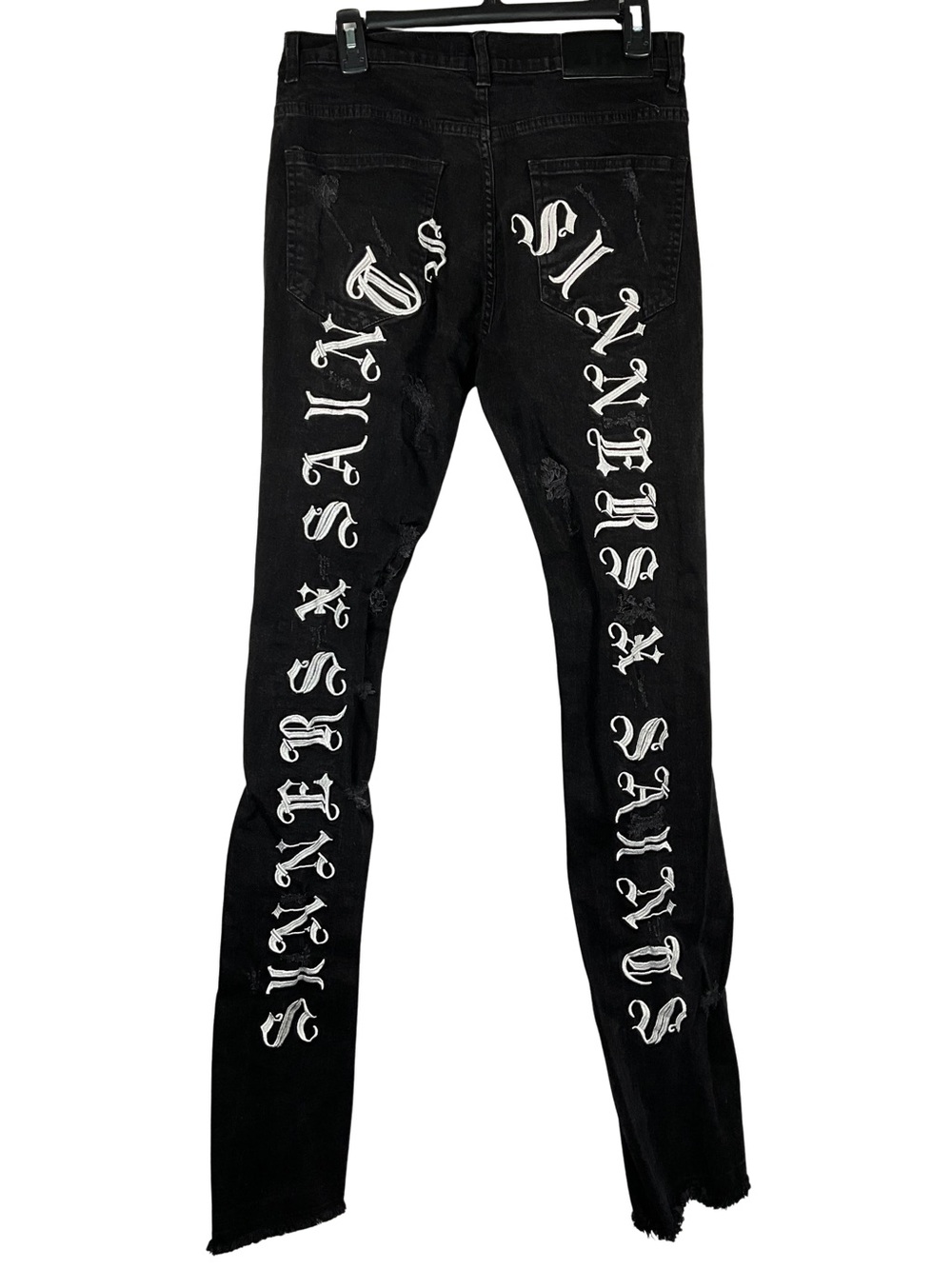 AHP Distressed Jeans Size 34 Black Skinny Jeans with White Gothic Script